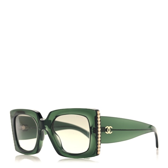 Chanel Acetate Pearl Rectangle Sunglasses 5480-H Dark Green - Picture 1 of 7
